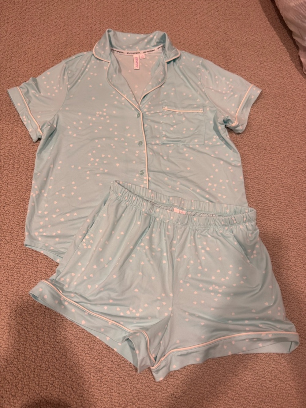 Light Blue Heart-Print Short Pajama Set - Women's Sleepwear